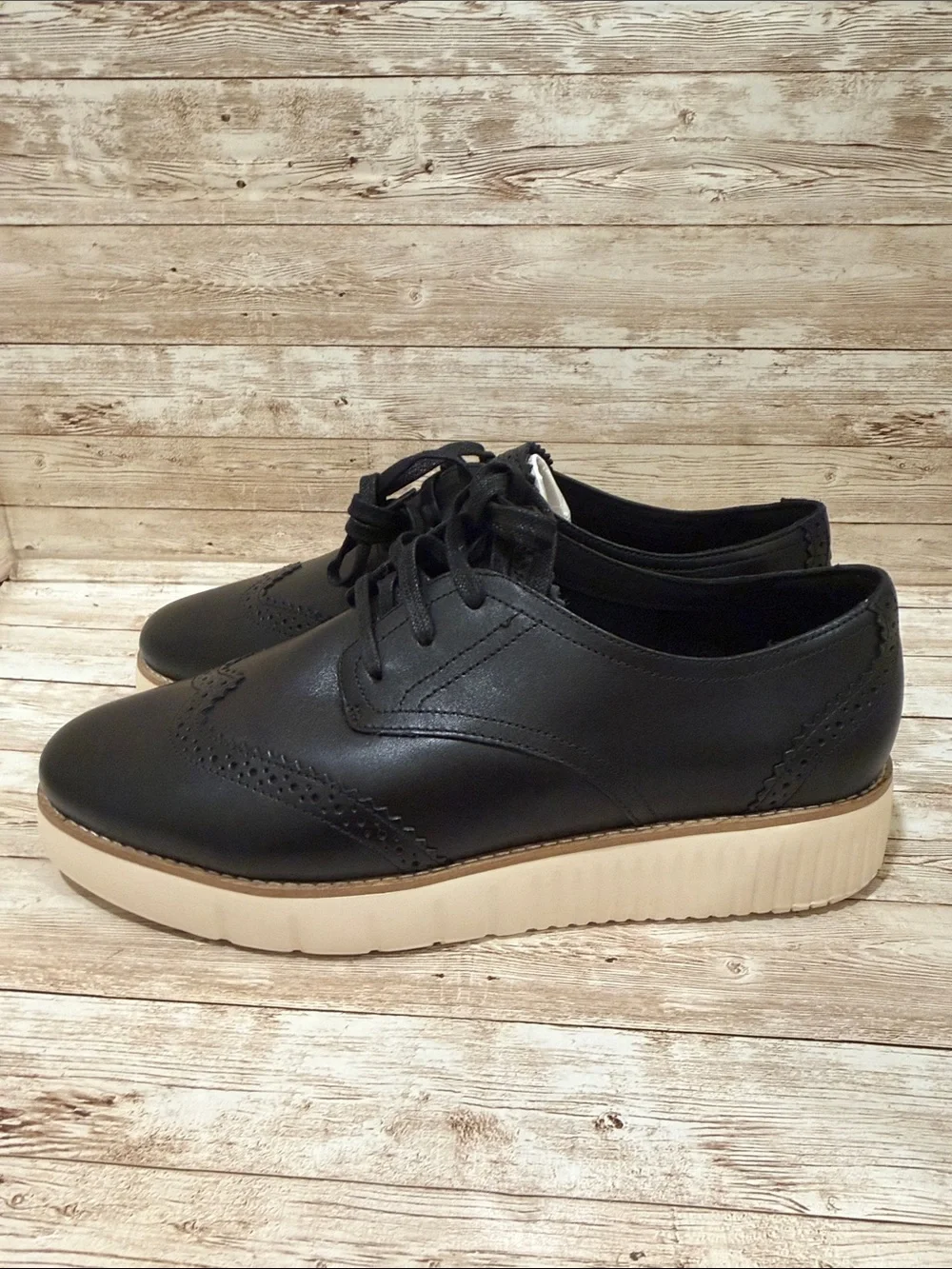 Cole‎ Haan Black Leather Platform Oxford with Cream Platform 11B NEW